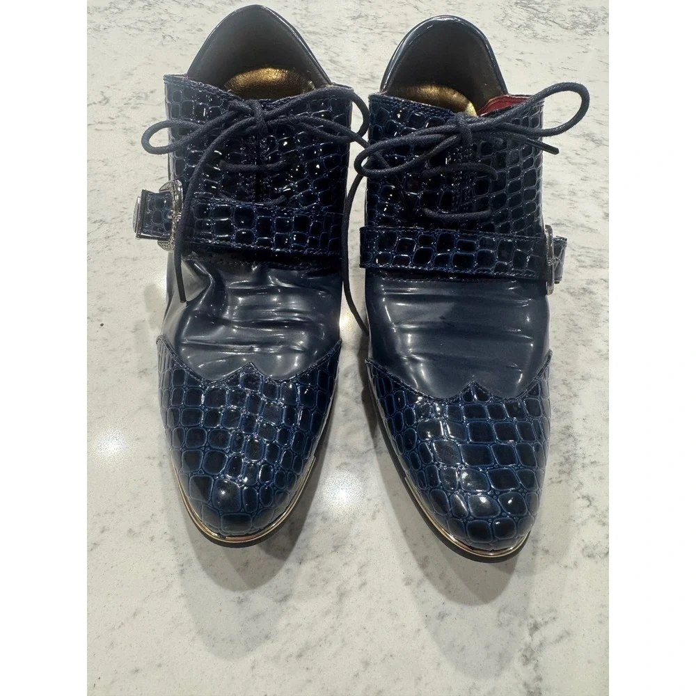 Kuuncce Mens Navy Blue Croc Embossed Buckle Dress Shoes Block Heel Size 250 JP 7